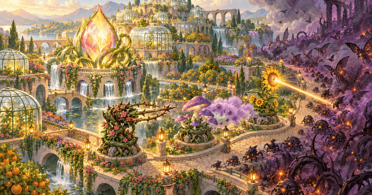 The garden-city of Verdance: glass greenhouses and a glowing Heartbloom on the left, Bloom towers along a lantern-lit road, and a swarm of Blight beetles and moths rolling in from the burnt lands on the right.